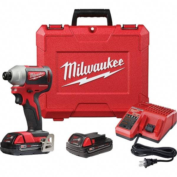 Milwaukee Tool - 18 Volt, 1/4" Drive, 133 Ft/Lb Torque, Cordless Impact Driver - Pistol Grip Handle, 3200 RPM, 2 Lithium-Ion Batteries Included - Caliber Tooling