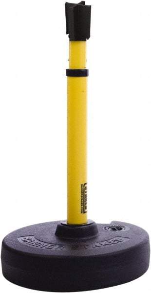 Banner Stakes - 22 to 42" High, 2-3/8" Pole Diam, Barrier Post Base, Stanchion & Receiver Head - 9" Base Diam, Round Nylon Base, Yellow Plastic Post, 15' x 2-1/2" Tape, For Outdoor Use - Caliber Tooling