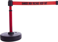 Banner Stakes - 22 to 42" High, 2-3/8" Pole Diam, Barrier Post Base & Stanchion - 9" Base Diam, Round Nylon Base, Red Plastic Post, 15' x 2-1/2" Tape, For Outdoor Use - Caliber Tooling