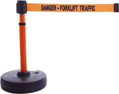 Banner Stakes - 22 to 42" High, 2-3/8" Pole Diam, Barrier Post Base & Stanchion - 9" Base Diam, Round Nylon Base, Orange Plastic Post, 15' x 2-1/2" Tape, For Outdoor Use - Caliber Tooling