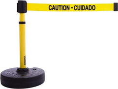 Banner Stakes - 22 to 42" High, 2-3/8" Pole Diam, Barrier Post Base & Stanchion - 9" Base Diam, Round Nylon Base, Yellow Plastic Post, 15' x 2-1/2" Tape, For Outdoor Use - Caliber Tooling