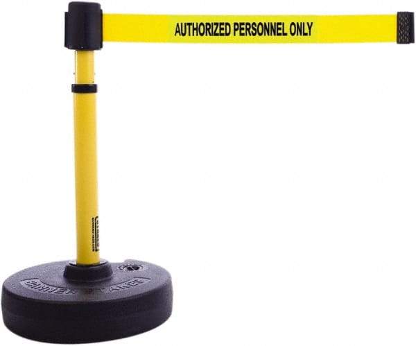 Banner Stakes - 22 to 42" High, 2-3/8" Pole Diam, Barrier Post Base & Stanchion - 9" Base Diam, Round Nylon Base, Yellow Plastic Post, 15' x 2-1/2" Tape, For Outdoor Use - Caliber Tooling