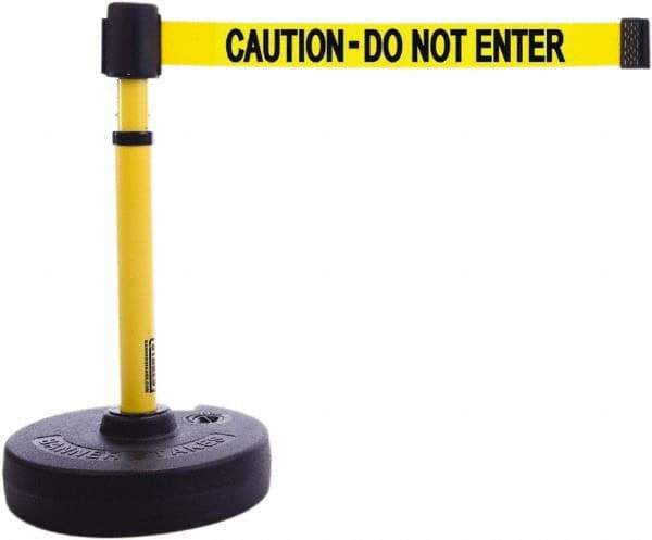 Banner Stakes - 22 to 42" High, 2-3/8" Pole Diam, Barrier Post Base & Stanchion - 9" Base Diam, Round Nylon Base, Yellow Plastic Post, 15' x 2-1/2" Tape, For Outdoor Use - Caliber Tooling