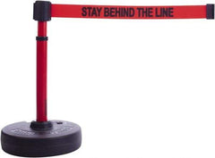 Banner Stakes - 22 to 42" High, 2-3/8" Pole Diam, Barrier Post Base & Stanchion - 9" Base Diam, Round Nylon Base, Red Plastic Post, 15' x 2-1/2" Tape, For Outdoor Use - Caliber Tooling