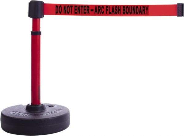 Banner Stakes - 22 to 42" High, 2-3/8" Pole Diam, Barrier Post Base & Stanchion - 9" Base Diam, Round Nylon Base, Red Plastic Post, 15' x 2-1/2" Tape, For Outdoor Use - Caliber Tooling