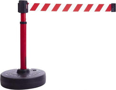 Banner Stakes - 22 to 42" High, 2-3/8" Pole Diam, Barrier Post Base & Stanchion - 9" Base Diam, Round Nylon Base, Red Plastic Post, 15' x 2-1/2" Tape, For Outdoor Use - Caliber Tooling