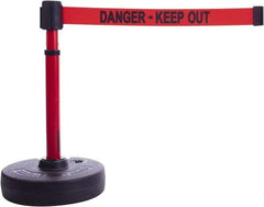 Banner Stakes - 22 to 42" High, 2-3/8" Pole Diam, Barrier Post Base & Stanchion - 9" Base Diam, Round Nylon Base, Red Plastic Post, 15' x 2-1/2" Tape, For Outdoor Use - Caliber Tooling