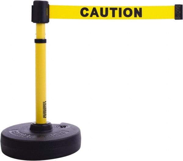 Banner Stakes - 22 to 42" High, 2-3/8" Pole Diam, Barrier Post Base & Stanchion - 9" Base Diam, Round Nylon Base, Yellow Plastic Post, 15' x 2-1/2" Tape, For Outdoor Use - Caliber Tooling