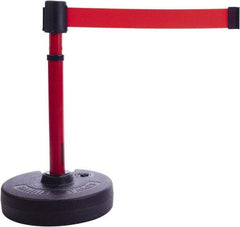 Banner Stakes - 22 to 42" High, 2-3/8" Pole Diam, Barrier Post Base & Stanchion - 9" Base Diam, Round Nylon Base, Red Plastic Post, 15' x 2-1/2" Tape, For Outdoor Use - Caliber Tooling