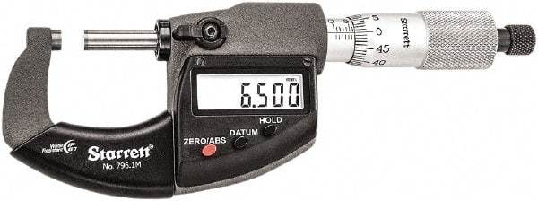 Starrett - Standard Throat IP67 Electronic Outside Micrometer - Ratchet Stop Thimble, Carbide Face, CR2032 Battery - Caliber Tooling