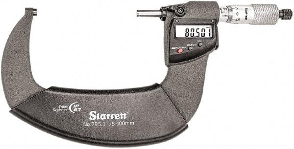 Starrett - Standard Throat IP67 Electronic Outside Micrometer - Ratchet Stop Thimble, Carbide Face, CR2032 Battery - Caliber Tooling