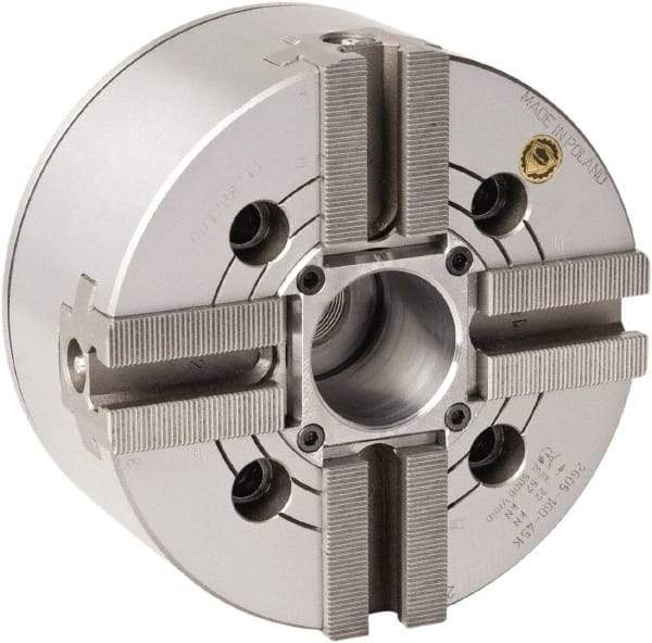 Bison - 4 Jaw, 6.65" Chuck Diam, Plain Back Mount, 45mm Through Hole Diam, Drawtube Hydraulic Power Lathe Chuck - 1.5mm x 60° Serrated Jaw Interface, 0.5905 to 6.7716" Jaw Capacity, 5,000 RPM, High Speed Steel Body - Caliber Tooling