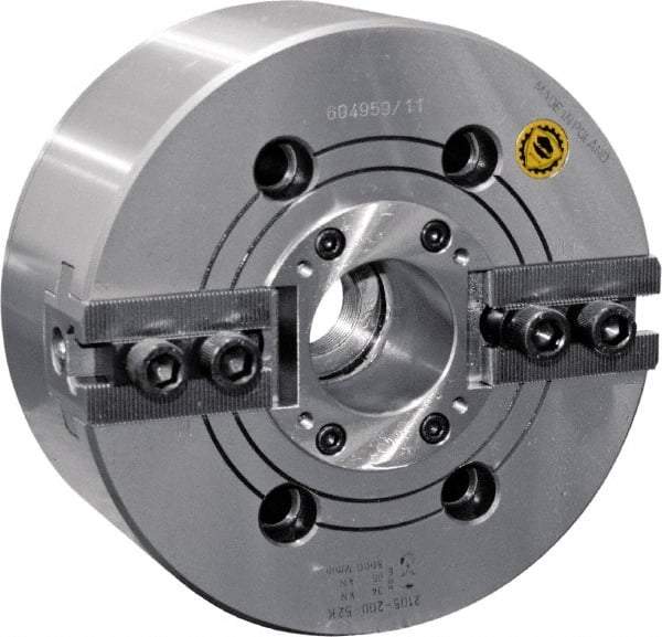 Bison - 2 Jaw, 12.4" Chuck Diam, Plain Back Mount, 91mm Through Hole Diam, Drawtube Hydraulic Power Lathe Chuck - 1.5mm x 60° Serrated Jaw Interface, 1.5748 to 11.9291" Jaw Capacity, 3,300 RPM, High Speed Steel Body - Caliber Tooling