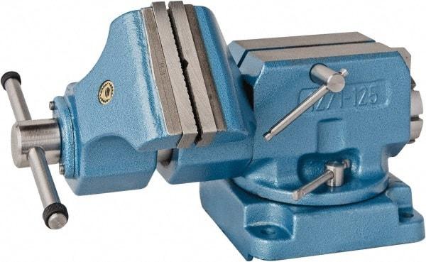 Bison - 5" Jaw Width x 5.9" Jaw Opening Capacity, 8.46" Throat Depth, Bench & Pipe Combination Vise - 1-1/4 to 2.36" Pipe Capacity, Swivel Base, Bolt Down Attachment, Steel - Caliber Tooling