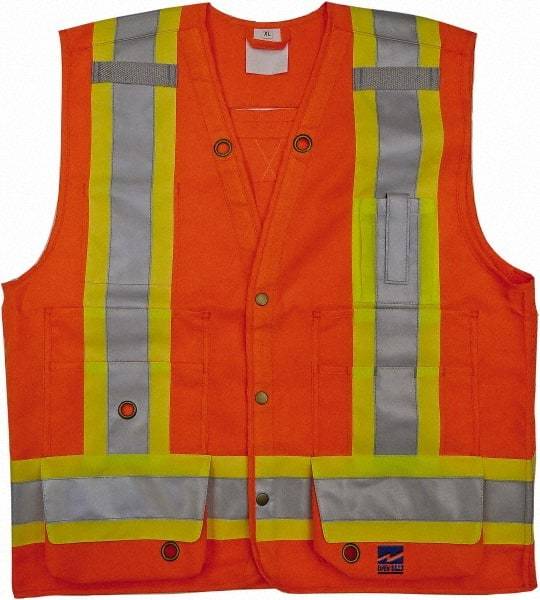 Viking - Size 4XL High Visibility Orange Solid Surveyor's Vest - 58" Chest, CSA Z96-09 Class 2, Level 2, ANSI 107-2010 Class 2, Level 2, Snaps Closure, 8 Pockets, Polyester - Caliber Tooling