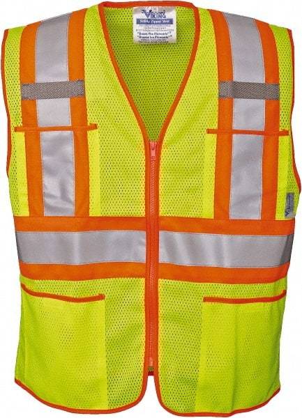 Viking - Size 2XL High Visibility Lime Mesh Public Safety Vest - 51" Chest, ANSI 107-2010 Class 2, Level 2, Zipper Closure, 4 Pockets, Polyester - Caliber Tooling