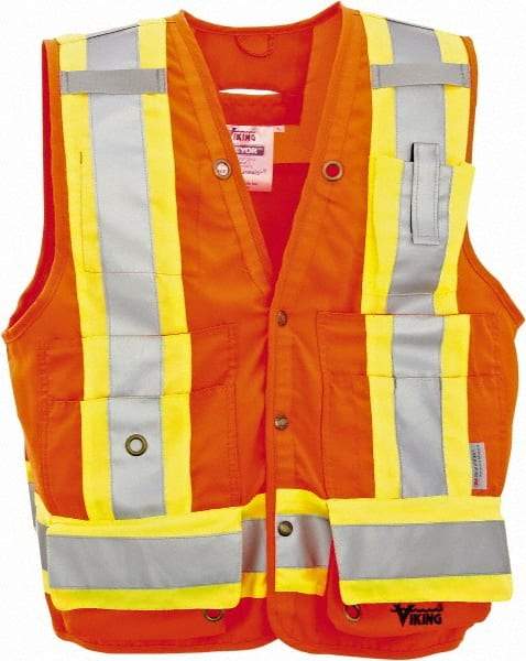 Viking - Size L High Visibility Orange Solid Surveyor's Vest - 43" Chest, Snaps Closure, 13 Pockets, Polyester - Caliber Tooling