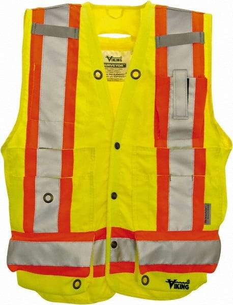 Viking - Size 3XL High Visibility Lime Solid Surveyor's Vest - 55" Chest, Snaps Closure, 13 Pockets, Polyester - Caliber Tooling