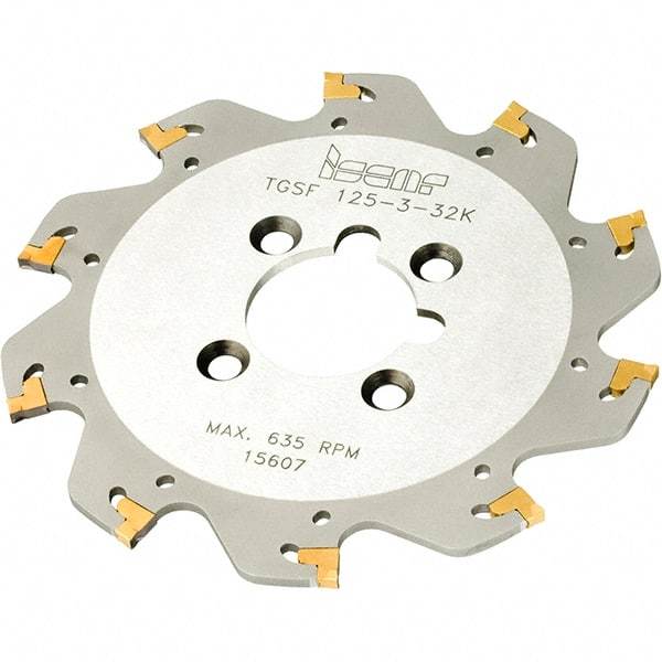 Iscar - Arbor Hole Connection, 2mm Cutting Width, 0.571" Depth of Cut, 63mm Cutter Diam, 10mm Hole Diam, 6 Tooth Indexable Slotting Cutter - TGSF Toolholder, TAG Insert, Right Hand Cutting Direction - Caliber Tooling