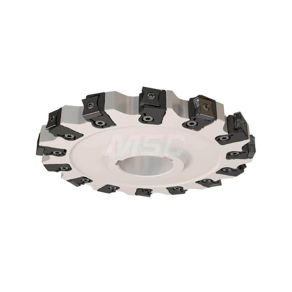 Indexable Slotting Cutter: 0.7441'' Cutting Width, 9.8425'' Cutter Dia, Arbor Hole Connection, 3.2283'' Depth of Cut, 2.3622'' Hole Screw, Uses 16 LN Inserts, 16 Teeth, Staggered