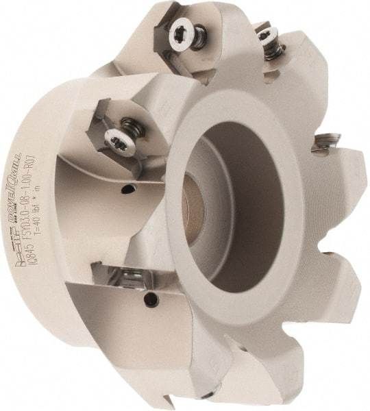 Iscar - 3.37" Cut Diam, 1" Arbor Hole, 0.18" Max Depth of Cut, 50° Indexable Chamfer & Angle Face Mill - 8 Inserts, IQ845 SYHU 07.. Insert, Right Hand Cut, Through Coolant, Series DoveIQMill - Caliber Tooling