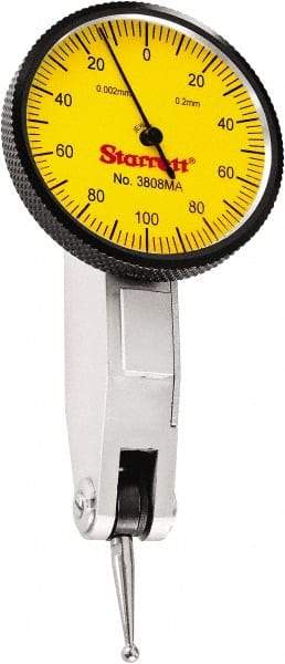 Starrett - 0.2 mm Range, 0.002 mm Dial Graduation, Horizontal Dial Test Indicator - 1-1/4 Inch Yellow Dial, 0-100-0 Dial Reading - Caliber Tooling