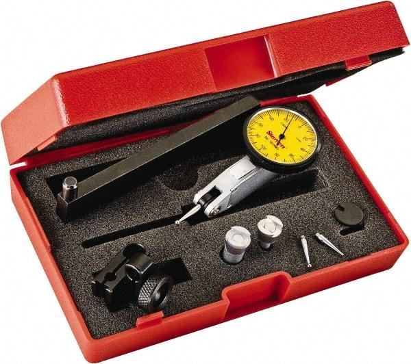 Starrett - 0.2 mm Range, 0.002 mm Dial Graduation, Horizontal Dial Test Indicator - 1-1/4 Inch Yellow Dial, 0-100-0 Dial Reading - Caliber Tooling