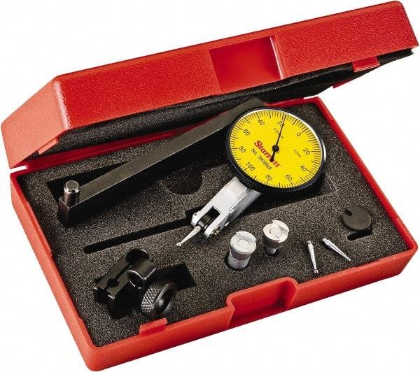 Starrett - 0.2 mm Range, 0.002 mm Dial Graduation, Horizontal Dial Test Indicator - 1-9/16 Inch Yellow Dial, 0-100-0 Dial Reading - Caliber Tooling