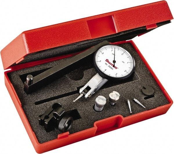 Starrett - 0.008 Inch Range, 0.0001 Inch Dial Graduation, Horizontal Dial Test Indicator - 1-9/16 Inch White Dial, 0-4-0 Dial Reading - Caliber Tooling