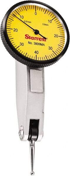 Starrett - 0.8 mm Range, 0.01 mm Dial Graduation, Horizontal Dial Test Indicator - 1-1/4 Inch Yellow Dial, 0-40-0 Dial Reading - Caliber Tooling