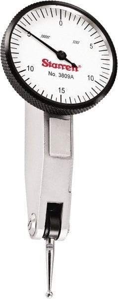 Starrett - 0.03 Inch Range, 0.0005 Inch Dial Graduation, Horizontal Dial Test Indicator - 1-1/4 Inch White Dial, 0-15-0 Dial Reading - Caliber Tooling