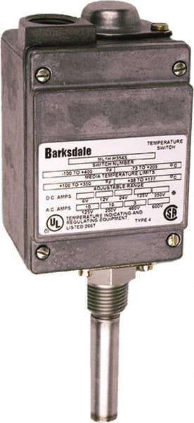 Barksdale - 150 to 450°F Local Mount Temperature Switch - 1/2" NPT, 9/16 x 2-25/32 Rigid Stem, Brass, ±1% of mid-60% of F.S. - Caliber Tooling