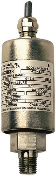 Barksdale - 15 Max psi, ±0.25% Accuracy, 1/4-18 NPT (Male) Connection Pressure Transducer - 4 to 20mA Output Signal, DIN 43650 Wetted Parts, 1/4" Thread, -40 to 185°F, 30 Volts - Caliber Tooling