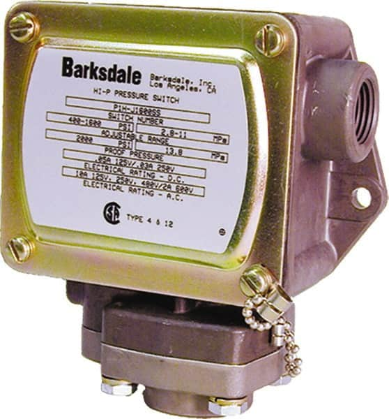 Barksdale - 25 to 600 psi Adjustable Range, 2,000 Max psi, Diaphragm Piston Pressure Switch - 1/4 NPT Female, Screw Terminals, SPDT Contact, Anodized Al Wetted Parts, 2% Repeatability - Caliber Tooling