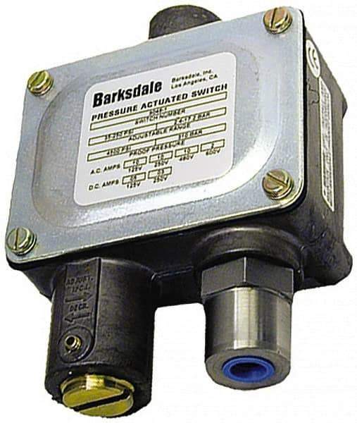 Barksdale - 700 to 12,000 psi Adjustable Range, 20,000 Max psi, Sealed Piston Pressure Switch - 1/4 NPT Female, Screw Terminals, SPDT Contact, 416SS Wetted Parts, 2% Repeatability - Caliber Tooling