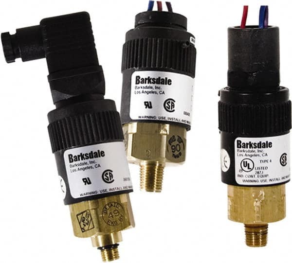 Barksdale - 3650 to 7,500 psi Adjustable Range, 12,000 Max psi, Compact Pressure Switch - 1/4 NPT Male, 1/2NPT Male Conduit Connector with Free Leads, SPDT Contact, Brass Wetted Parts, 2% Repeatability - Caliber Tooling