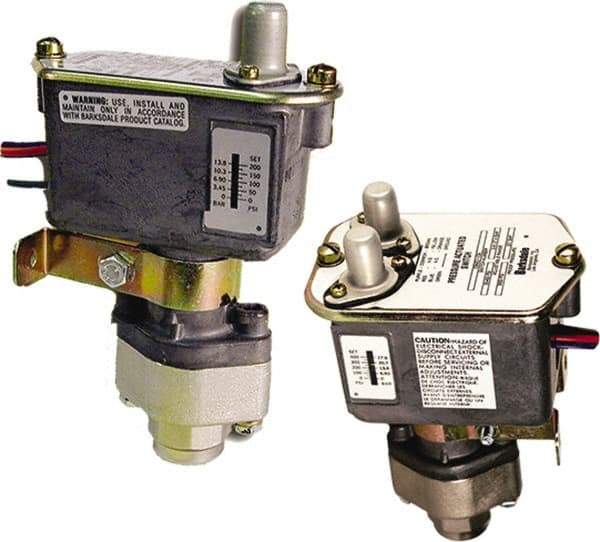 Barksdale - 125 to 1,500 psi Adjustable Range, 7,000 Max psi, Sealed Piston Pressure Switch - 1/4 NPT Female, 18in Free Leads, 2 x SPDT Contact, Nickel Plated Al Wetted Parts, 2% Repeatability - Caliber Tooling