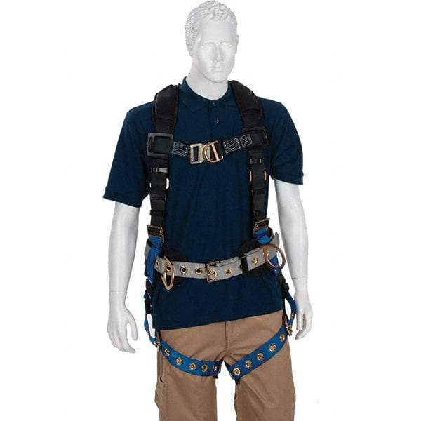 PRO-SAFE - 310 Lb Capacity, Size Universal, Full Body Construction Harness - Polyester, Front D-Rings, Side D-Rings, Tongue Buckle Leg Straps, Tongue Buckle Chest Strap, Gray/Blue, AntiTangle Strap, Back D Ring, Front D Ring & Side D Ring - Caliber Tooling