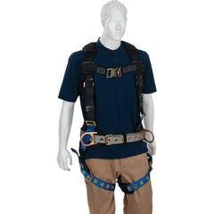 PRO-SAFE - 310 Lb Capacity, Size X-Large, Full Body Construction Harness - Polyester, Tongue Buckle Leg Straps, Tongue Buckle Chest Strap, Gray/Blue, AntiTangle Strap & Back D Ring - Caliber Tooling