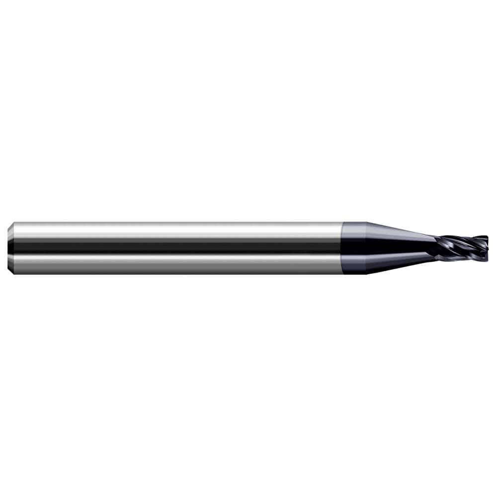 Corner Radius End Mill: 0.08″ Dia, 0.12″ LOC, 0.005″ Radius, 4 Flutes, Solid Carbide 1-1/2″ OAL, 1/8″ Shank Dia, 30 ° Helix, AlTiN Coated, Corner Radius End