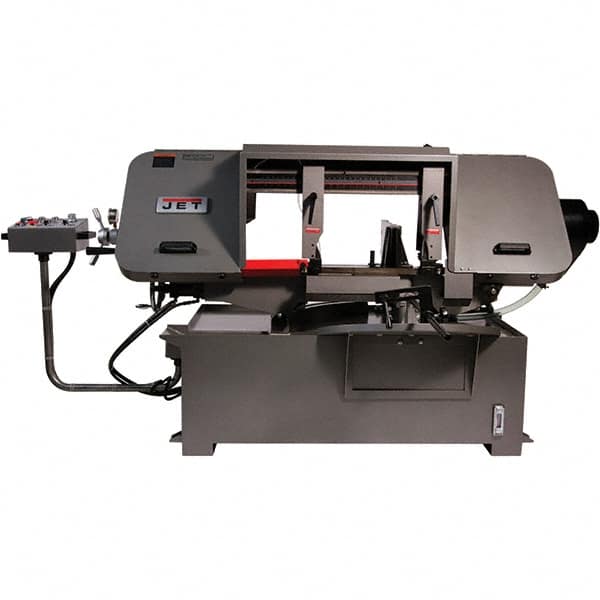 Jet - 19-1/4 x 4" Max Capacity, Semi-Automatic Variable Speed Pulley Horizontal Bandsaw - 90 to 370 SFPM Blade Speed, 230/460 Volts, 45 & 90°, 3 hp, 3 Phase - Caliber Tooling