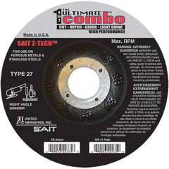 Sait - 6" Wheel Diam, 7/8" Arbor Hole, Type 27 Depressed Center Wheel - Coarse Grade, Zirconia Alumina, 10,200 Max RPM - Caliber Tooling