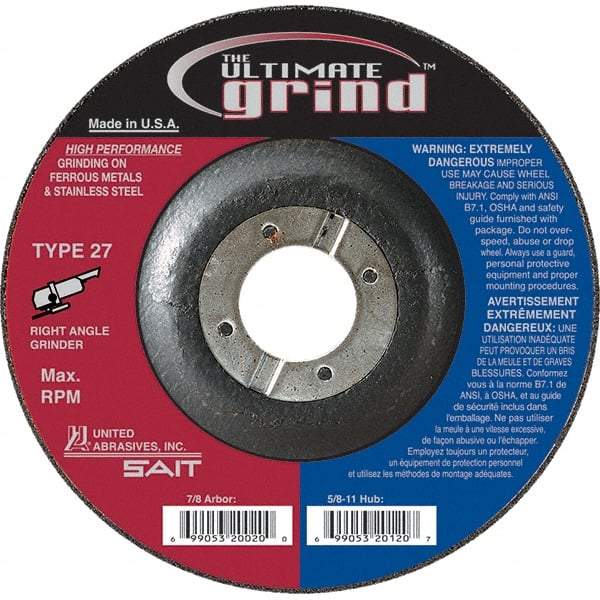 Sait - 6" Wheel Diam, 1/4" Wheel Thickness, 7/8" Arbor Hole, Type 27 Depressed Center Wheel - Coarse Grade, Zirconia Alumina, 10,200 Max RPM - Caliber Tooling