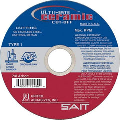 Sait - 6" 60 Grit Ceramic Cutoff Wheel - 0.045" Thick, 7/8" Arbor, 10,200 Max RPM, Use with Angle Grinders - Caliber Tooling