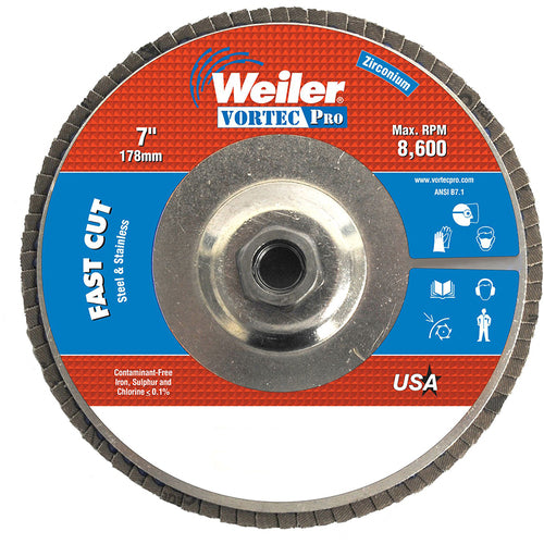 ‎7″ Vortec Pro Abrasive Flap Disc, Angled, Aluminum Backing, 60Z, 5/8″-11 UNC Nut - Caliber Tooling