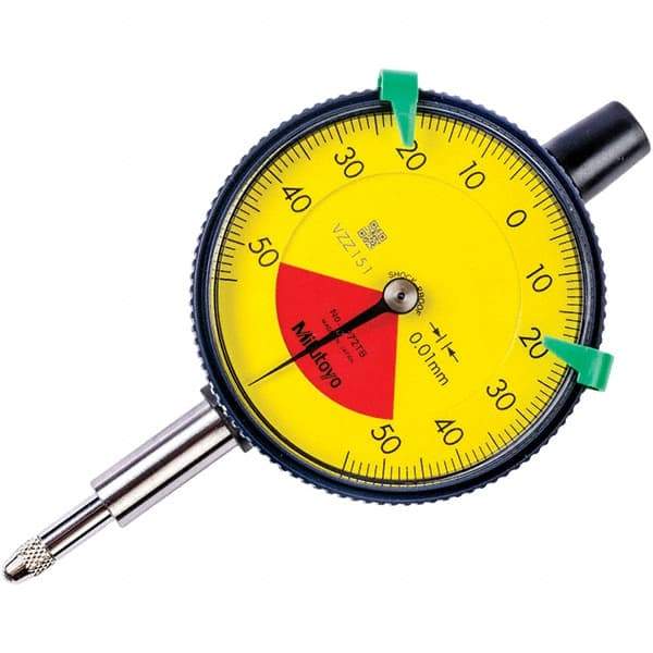 Mitutoyo - 1mm Range, 50-0-50 Dial Reading, 0.01mm Graduation Dial Drop Indicator - 57mm Dial, 1.4mm Range per Revolution, 0.04mm Accuracy - Caliber Tooling