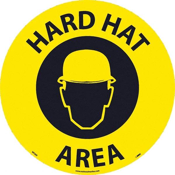 NMC - Hard Hat Area, Anti-Skid Pressure-Sensitive Vinyl Floor Sign - Round, Black on Yellow, Adhesive Backed, For Restroom, Janitorial & Housekeeping - Caliber Tooling