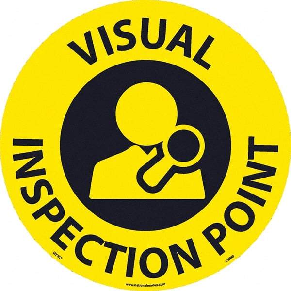 NMC - Visual Inspection Point, Anti-Skid Pressure-Sensitive Vinyl Floor Sign - Round, Black on Yellow, Adhesive Backed, For Restroom, Janitorial & Housekeeping - Caliber Tooling