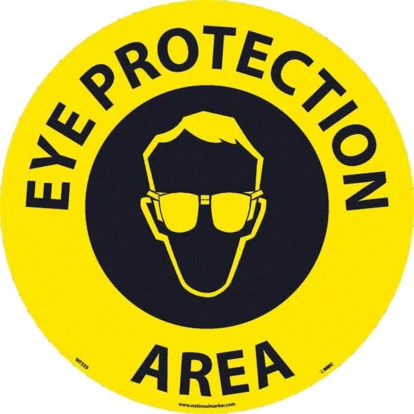 NMC - Eye Protection Area, Anti-Skid Pressure-Sensitive Vinyl Floor Sign - Round, Black on Yellow, Adhesive Backed, For Restroom, Janitorial & Housekeeping - Caliber Tooling