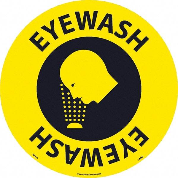 NMC - Eyewash, Anti-Skid Pressure-Sensitive Vinyl Floor Sign - Round, Black on Yellow, Adhesive Backed, For Restroom, Janitorial & Housekeeping - Caliber Tooling